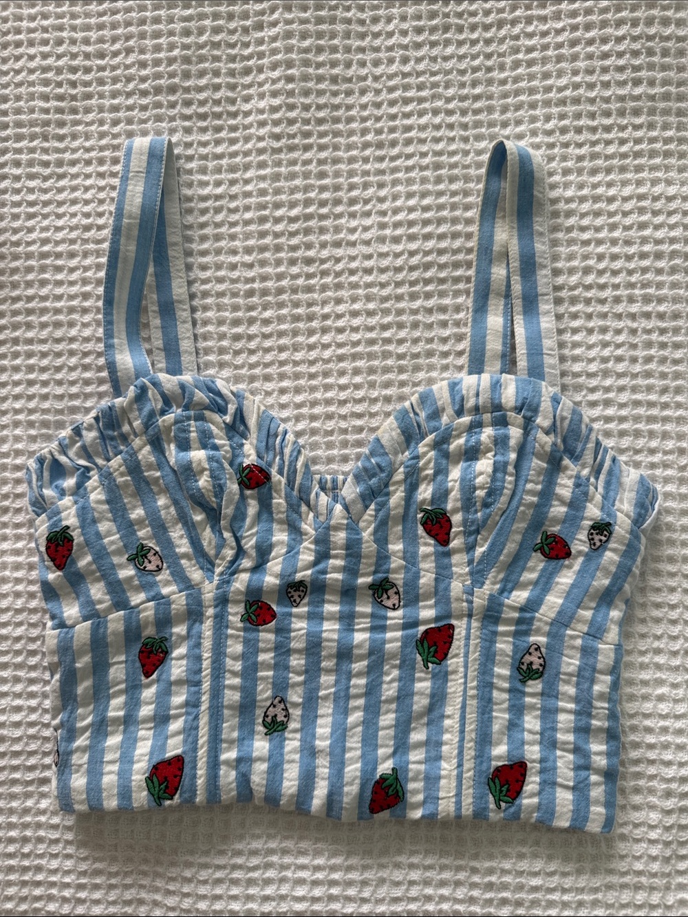 Anthropologie Maeve Blue & White Striped Strawberry Bustier Top